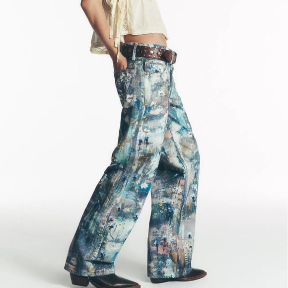 NWT Free People Tennessee Low-Rise Illusions Jeans in Floral Canvas - Picture 5 of 9